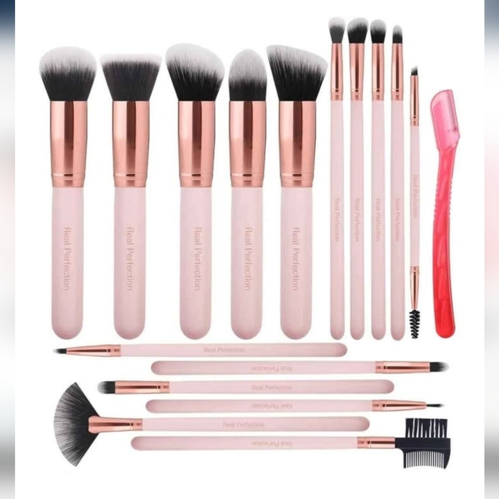 Real Perfection Pink Makeup Brush Set with Rose Gold Ferrules - 15-Piece Kit
